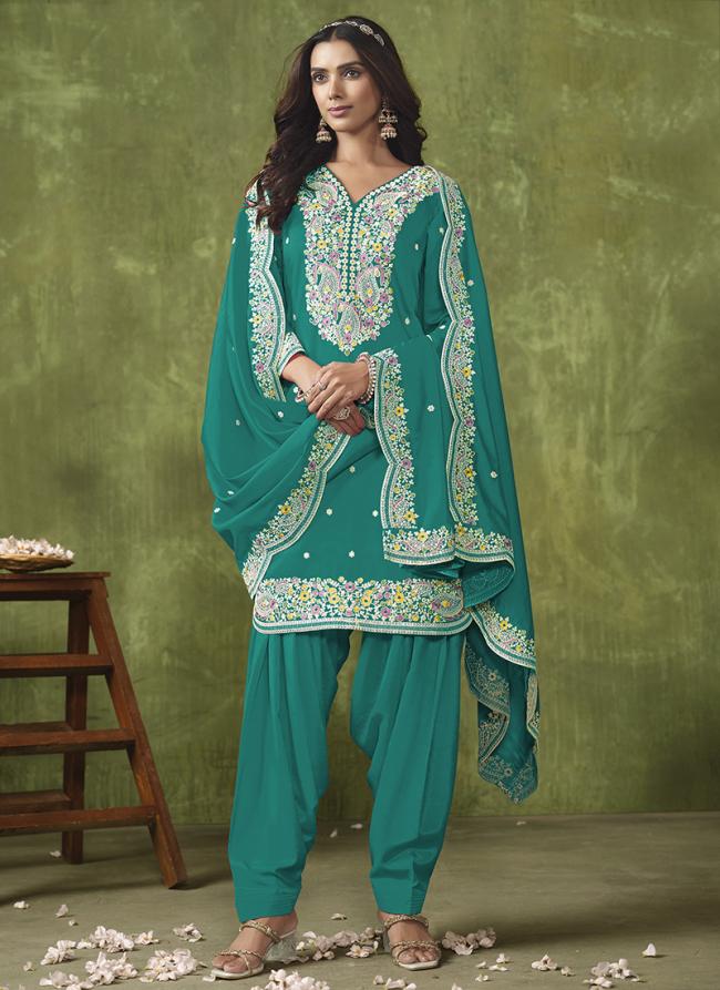 Pv Chanderi Teal Wedding Wear Embroidery Work Designer Salwar Suit